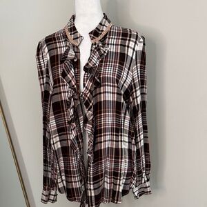 Chico's Plaid Ruffle-Front Blouse in Brown and Cream